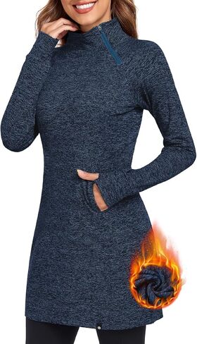 Soneven Women's Fleece Running Dress Tunic Sweatshirt Dress 1/4 Zip Mock Neck Winter Dress with Thumb Holes and Pockets in Saudi Arabia