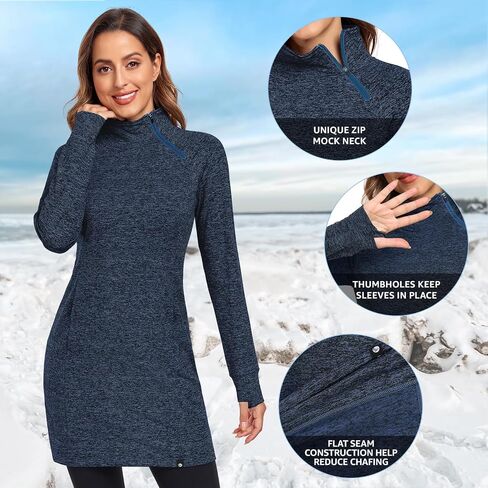 Soneven Women's Fleece Running Dress Tunic Sweatshirt Dress 1/4 Zip Mock Neck Winter Dress with Thumb Holes and Pockets in Saudi Arabia
