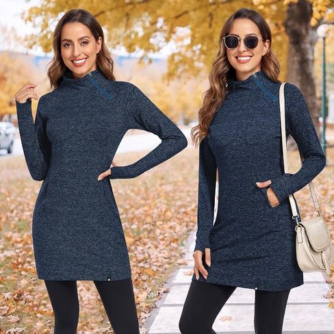 Soneven Women's Fleece Running Dress Tunic Sweatshirt Dress 1/4 Zip Mock Neck Winter Dress with Thumb Holes and Pockets in Saudi Arabia