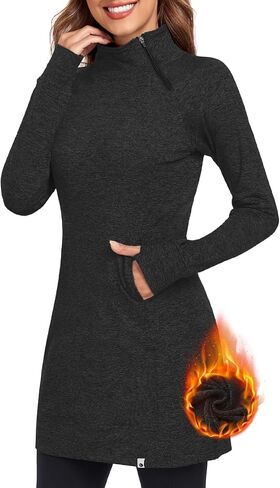 Soneven Women's Fleece Running Dress Tunic Sweatshirt Dress 1/4 Zip Mock Neck Winter Dress with Thumb Holes and Pockets in Saudi Arabia