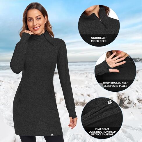 Soneven Women's Fleece Running Dress Tunic Sweatshirt Dress 1/4 Zip Mock Neck Winter Dress with Thumb Holes and Pockets in Saudi Arabia