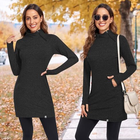 Soneven Women's Fleece Running Dress Tunic Sweatshirt Dress 1/4 Zip Mock Neck Winter Dress with Thumb Holes and Pockets in Saudi Arabia