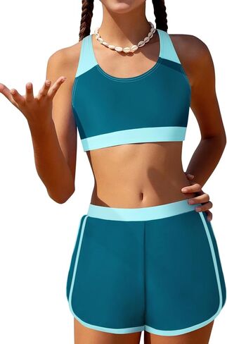 Girls Bikini 3PCS Swim Sets Color Block Crop Top Briefs with Shorts for 7-16 Years in Saudi Arabia