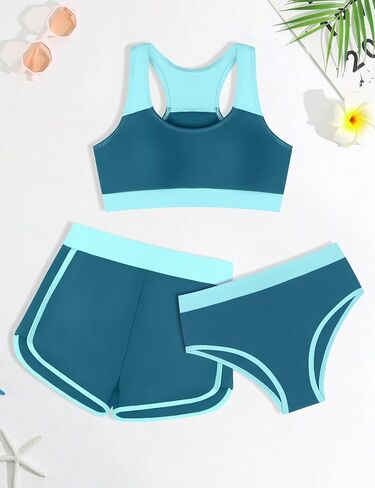 Girls Bikini 3PCS Swim Sets Color Block Crop Top Briefs with Shorts for 7-16 Years in Saudi Arabia
