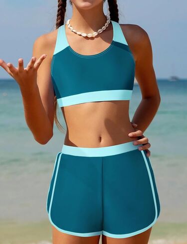 Girls Bikini 3PCS Swim Sets Color Block Crop Top Briefs with Shorts for 7-16 Years in Saudi Arabia