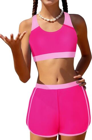 Girls Bikini 3PCS Swim Sets Color Block Crop Top Briefs with Shorts for 7-16 Years in Saudi Arabia