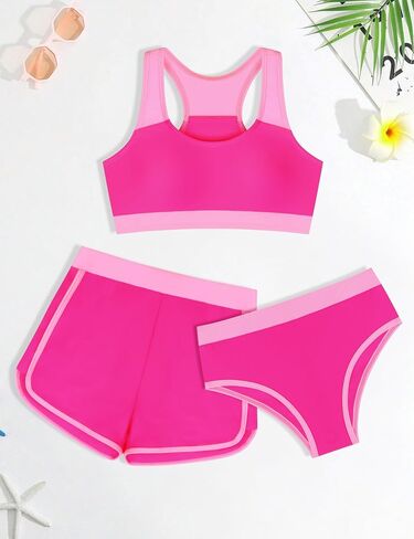 Girls Bikini 3PCS Swim Sets Color Block Crop Top Briefs with Shorts for 7-16 Years in Saudi Arabia