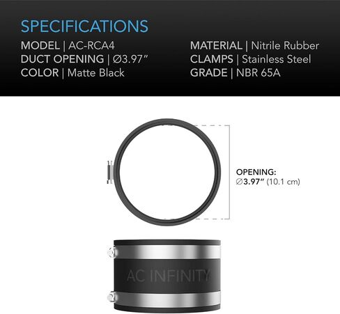 AC Infinity Noise Reduction Clamp 4-Inch, Duct Coupler with Stainless Steel Clamps, Flexible Rubber Coupling for Inline Fans and Carbon Filters in Growing and HVAC in Kuwait