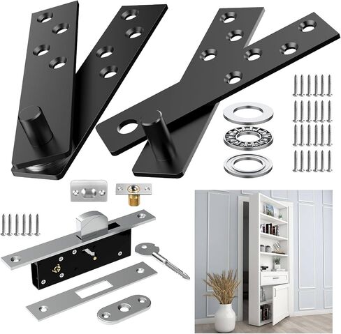 Black Pisman Door Pivot Hinges, Hidden Door Hinge and Heavy Duty Door Hinge with Hidden Door Lock for Wood Secret Door, Hidden Door Bookcase, 360 Degree Rotation (Advanced Lock Style, Medium) in Kuwait