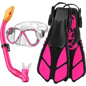 Kids Mask Fin Snorkel Set for 3-7 Years Old Boys and Girls with Panoramic Snorkel Mask Diving Goggles Dry Top Snorkel and Adjustable Fins for Snorkeling Swimming Freediving
