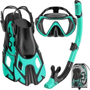 Snorkeling Gear for Adults, Mask Fin Snorkel Set, Dry Top Snorkel, Snorkeling Kit Travel Diving Package, Panoramic View Anti-Fog Anti-Leak (S/M)