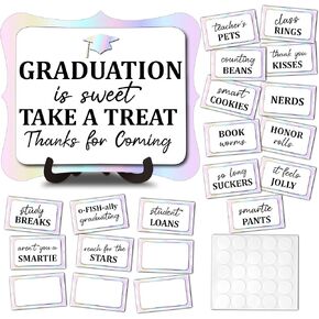 20PCS Graduation Candy Buffet Labels, 1 Gold Glitter Graduation Candy Buffet Table Sign with Stand, Catering Supplies Buffet Display for Graduation Decorations Class of 2025 -A05