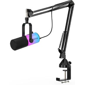 FDUCE USB/XLR Gaming Dynamic Microphone for Podcast Recording, PC Computer Gaming Streaming Vocal Mic with RGB Light, Mute Button, Gain Knob,Headphones Jack, with Boom Arm (D20+)