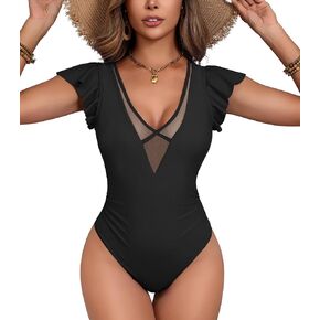 AI'MAGE One Piece Swimsuits for Women Sexy Mesh Deep V Neck Bathing Suit Ruffle Cap Sleeve Tummy Control Swimwear S-XXL in Saudi Arabia
