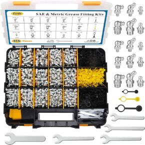310 PCS Grease Fittings Assortment, SAE & Metric Zerk Grease Fittings Straight 45 90 Degree with Plastic Grease Fitting Cap, 5 PCS Wrench Kit(7-11mm) for Grease Gun Included