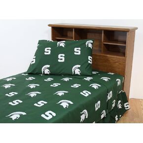 College Covers Everything Comfy Michigan State Spartans King Sized 4 Piece Sheet Set, Team Color Background, 1 Flat Sheet, 1 Fitted Sheet, 2 Pillowcases