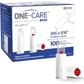 ONE-CARE Duo Safety Pen Tips 30G x 5/16'' (8mm), Dual Shield Auto Protection, Universal Fit, Sterile, 100/bx, Comfortable