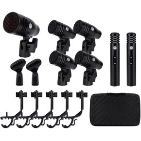 7 Piece Wired Dynamic Drum Mic Kit (Whole Metal)- Kick Bass, Tom/Snare & Cymbals Microphone Use for Drums, Vocal, Other Instrument Complete with Thread Clip, Mics Holder