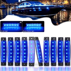 PSEQT 3.8'' Strobe+Steady Marker Boat Interior Lights Strip Dual Function Blue LED Marine Deck Courtesy Transom Cockpit Navigation Lights12V Waterproof for Fishing Pontoon Kayak Yacht Sailboat, 10Pcs