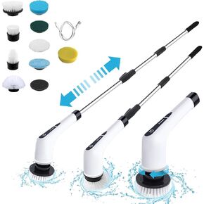Motorized Rotary Scrubber 2024 New Cordless Shower Scrubber with 9 Interchangeable Brush Heads, PX7 Waterproof Adjustable Long Handle Power Cleaning Brush，for Bathroom, Floor, Kitchen