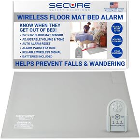 Secure Wireless Floor Mat Sensor Bed Alarm for Elderly Adults - 24"x36" Floor Sensor & Remote Alert Monitor - Bed Alarms and Fall Prevention for Elderly Dementia Patients, Caregiver Alert Seniors