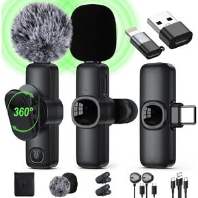 Wireless Lavalier Microphone for iPhone/Android Phone/Laptop/PC, IUMAKEVP 360° Adjustable Clip on Microphone with 100FT Transmission Distance and Noise Cancellation for Vlog, Interview, TikTok (2 Mic)