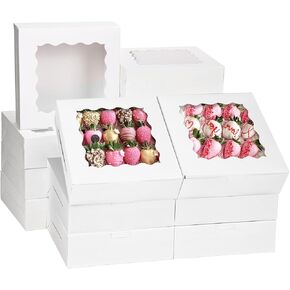 Moretoes 30pcs Bakery Boxes, 8x8x2.5 Cookie Boxes with Window, Valentine's Day Boxes White Treat Boxes Pie Boxes for Donuts, Chocolate Strawberries Birthday Party