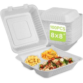 9x9 Clamshell Food Containers, 100 Pack Disposable Take Out Food Container With 3 Compartments, Compostable To Go Boxes, Eco Friendly To Go Containers With White Bagasse