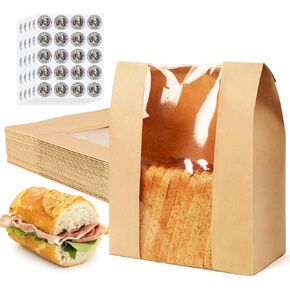 30-Pack Paper Bread Bags for Sourdough, Large Bread Bags for Homemade Bread Gift Giving, with 100 Sealing Stickers, Paper Bakery Bag with Clear Window for Baked Food Packaging Storage