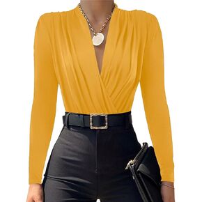 LYANER Women's Wraped V Neck Ruched Long Sleeve Leotard Bodysuit Top