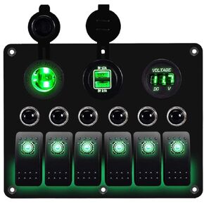 MKING 6 Gang Marine Switch Panel - Waterproof Rocker Switches with USB & Type-C Charger, Circuit Breaker, Digital Voltmeter, and Power Socket, Compatible with 12V-24V Vehicles
