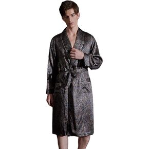 Men's 100% Mulberry Silk Long Robe Kimono Paisley Print Bath Robe, Heavy Silk 19 Momme Dressing Gown