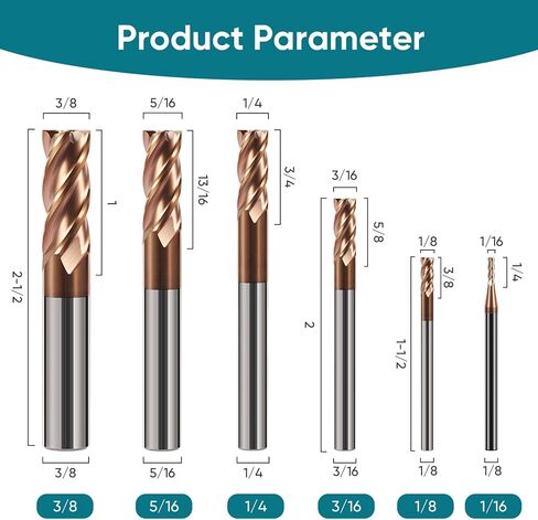 6Pcs Carbide Square End Mill Set，4 Fultes Solid Carbide (Tungsten Carbide + Cobalt) TISIN Coated Mill, Ideal for CNC milling in Steel,Includes Sizes 1/16" 1/8" 3/16" 1/4" 5/16" 3/8" in Saudi Arabia