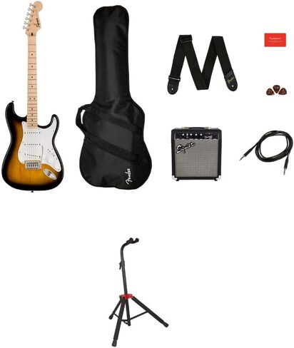حزمة ستراتوكاستر من سلسلة Squier Sonic - حزمة Sunburst بلونين مع حامل جيتار Fender، ارتفاع قابل للتعديل مع معدن قوي in Saudi Arabia