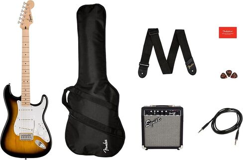 حزمة ستراتوكاستر من سلسلة Squier Sonic - حزمة Sunburst بلونين مع حامل جيتار Fender، ارتفاع قابل للتعديل مع معدن قوي in Saudi Arabia