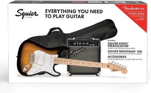 حزمة ستراتوكاستر من سلسلة Squier Sonic - حزمة Sunburst بلونين مع حامل جيتار Fender، ارتفاع قابل للتعديل مع معدن قوي in Saudi Arabia