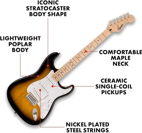 حزمة ستراتوكاستر من سلسلة Squier Sonic - حزمة Sunburst بلونين مع حامل جيتار Fender، ارتفاع قابل للتعديل مع معدن قوي in Saudi Arabia
