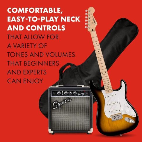 حزمة ستراتوكاستر من سلسلة Squier Sonic - حزمة Sunburst بلونين مع حامل جيتار Fender، ارتفاع قابل للتعديل مع معدن قوي in Saudi Arabia