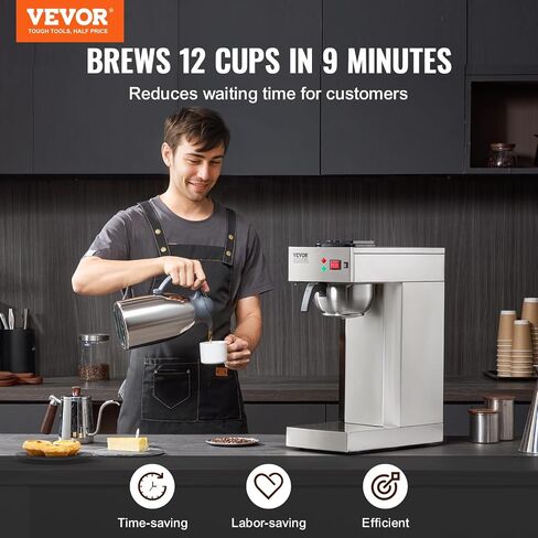VEVOR 12 Cups Commercial Drip Coffee Maker, Coffee Maker Machine with Thermal Carafe to Keep Warm or Cold, Stainless Steel Pour Over Coffee Brewer for Restaurant, Office, Cafe in Saudi Arabia