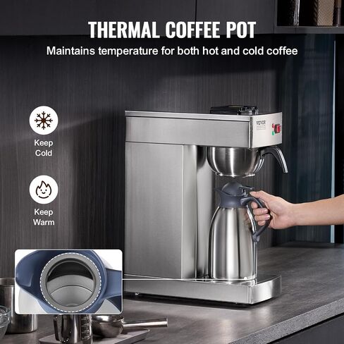 VEVOR 12 Cups Commercial Drip Coffee Maker, Coffee Maker Machine with Thermal Carafe to Keep Warm or Cold, Stainless Steel Pour Over Coffee Brewer for Restaurant, Office, Cafe in Saudi Arabia