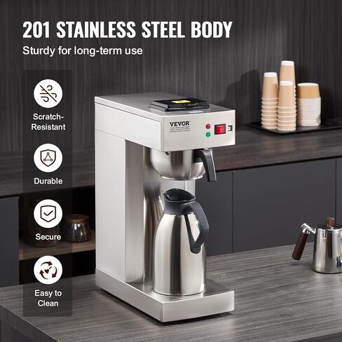 VEVOR 12 Cups Commercial Drip Coffee Maker, Coffee Maker Machine with Thermal Carafe to Keep Warm or Cold, Stainless Steel Pour Over Coffee Brewer for Restaurant, Office, Cafe in Saudi Arabia