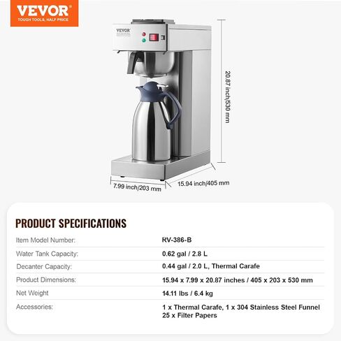 VEVOR 12 Cups Commercial Drip Coffee Maker, Coffee Maker Machine with Thermal Carafe to Keep Warm or Cold, Stainless Steel Pour Over Coffee Brewer for Restaurant, Office, Cafe in Saudi Arabia