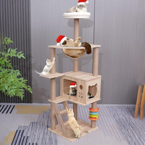 Modern Cat Tree for Large Cat, Wood Cat Tower Heavy Duty with Scratch Post for Indoor Big Cats, 53.9" Extra Tall Cat Condo Sturdy Frisco Castle with Clear Bowl Hammock for Kittens (Style 6) in Saudi Arabia