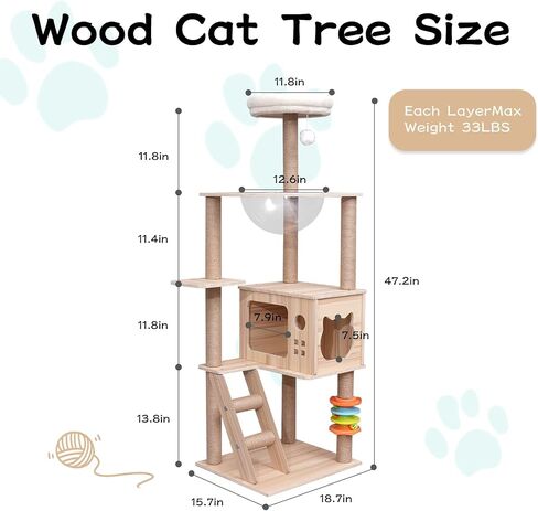 Modern Cat Tree for Large Cat, Wood Cat Tower Heavy Duty with Scratch Post for Indoor Big Cats, 53.9" Extra Tall Cat Condo Sturdy Frisco Castle with Clear Bowl Hammock for Kittens (Style 6) in Saudi Arabia