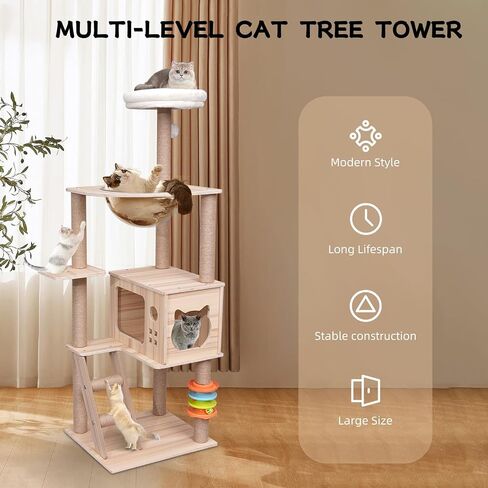 Modern Cat Tree for Large Cat, Wood Cat Tower Heavy Duty with Scratch Post for Indoor Big Cats, 53.9" Extra Tall Cat Condo Sturdy Frisco Castle with Clear Bowl Hammock for Kittens (Style 6) in Saudi Arabia