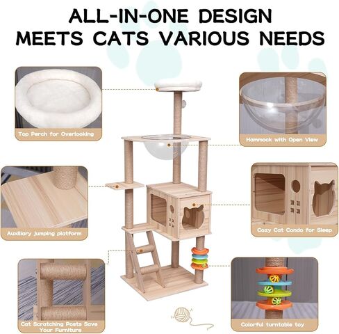 Modern Cat Tree for Large Cat, Wood Cat Tower Heavy Duty with Scratch Post for Indoor Big Cats, 53.9" Extra Tall Cat Condo Sturdy Frisco Castle with Clear Bowl Hammock for Kittens (Style 6) in Saudi Arabia