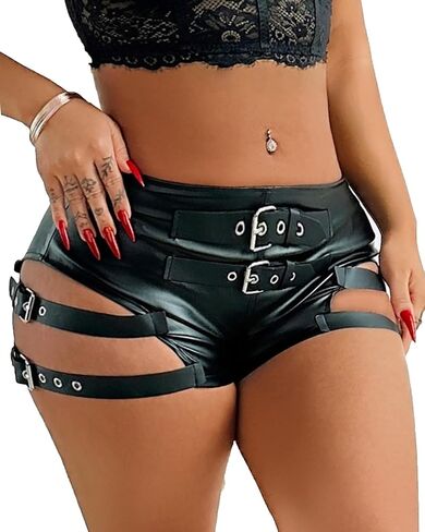 Women Faux Leather Hot Pants Shorts High Waist Slim Sexy Bandage Booty Punk Dance Club PU Leather Festival Rave Shorts in Saudi Arabia