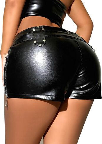Women Faux Leather Hot Pants Shorts High Waist Slim Sexy Bandage Booty Punk Dance Club PU Leather Festival Rave Shorts in Saudi Arabia