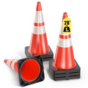 GECCO ™ (4 Pack) 28 Inch 7 Lb Heavy Duty Orange Traffic Cones Set | Durable Safety Cones, Orange Cones, Parking Cones, Construction Cones, Road Cones | PVC Plastic & Black Base - [PRO Series]