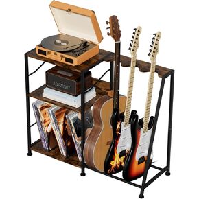 Hosfais Record Player Stand, 3 Tier Guitar Stand for Acoustic, Electric Guitar, Bass Stand, Vinyl Record Storage Up to 200 Albums, Brown Records Shelf for Living Room Bedroom